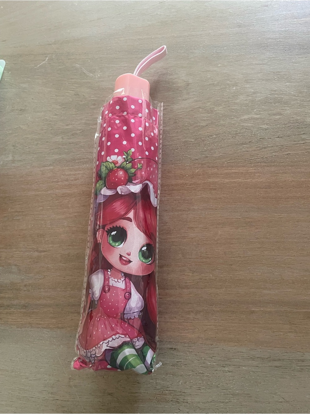 Kids Pink Strawberry Doll Print Compact Umbrella